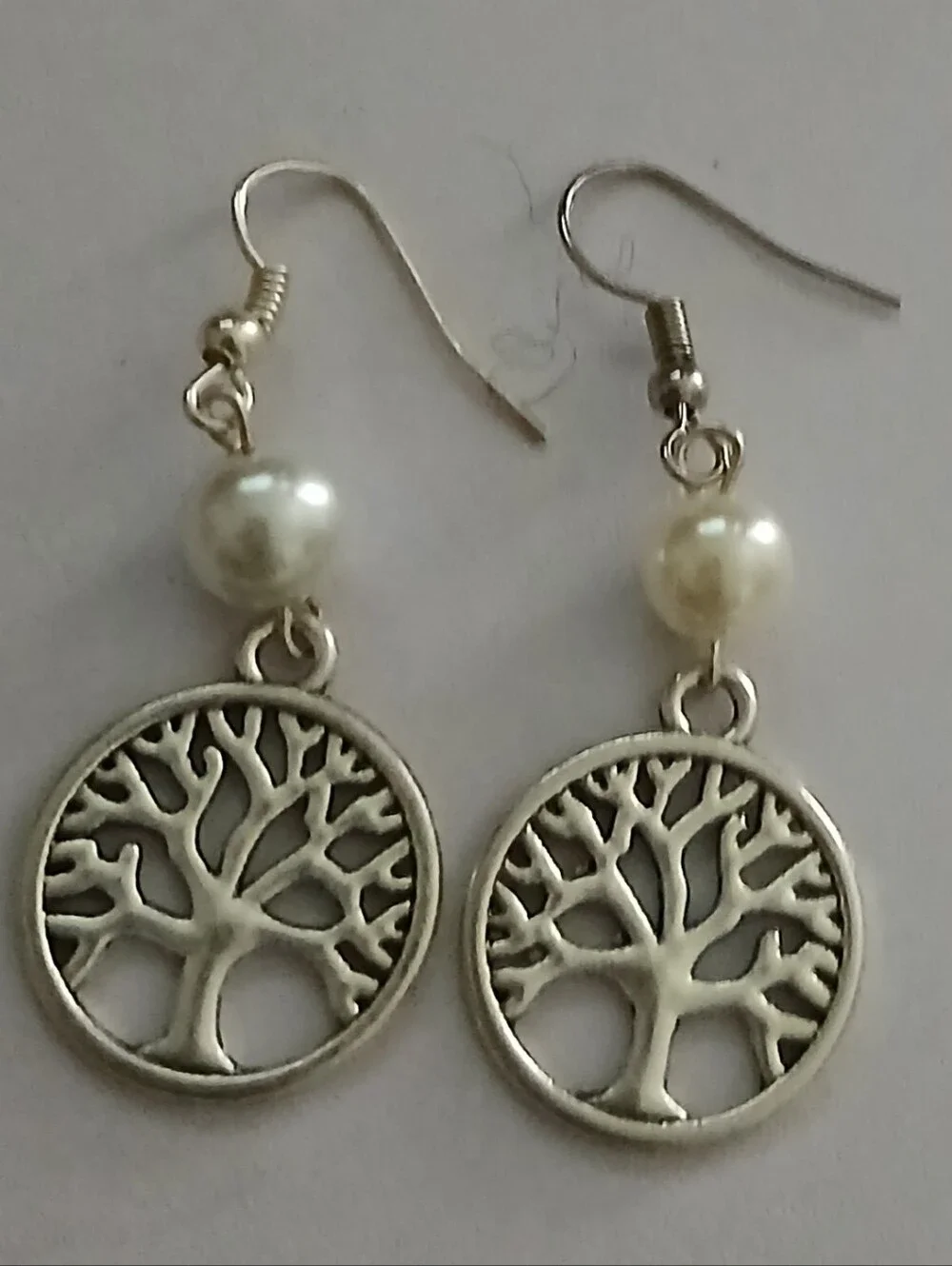 8 Silver Color Tree of Life Drop Earrings with Pearl Accent